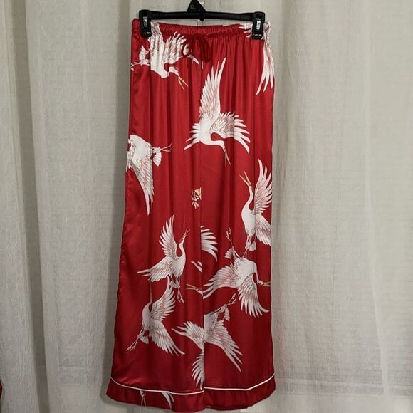 DALIA MACPHEE M & LβRed White Satin Ibis Bird Print Long Sleeve Long Pant PJ Set - Picture 10 of 16